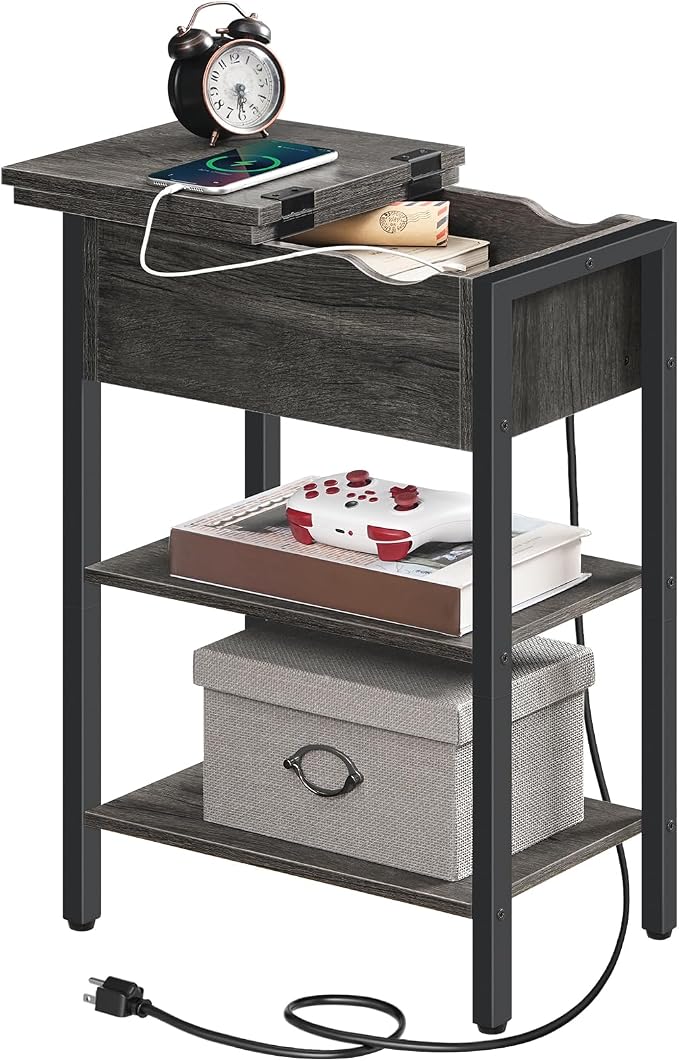 HOOBRO End Table with Charging Station, Narrow Side Table, Flip Top Nightstand - Image 9