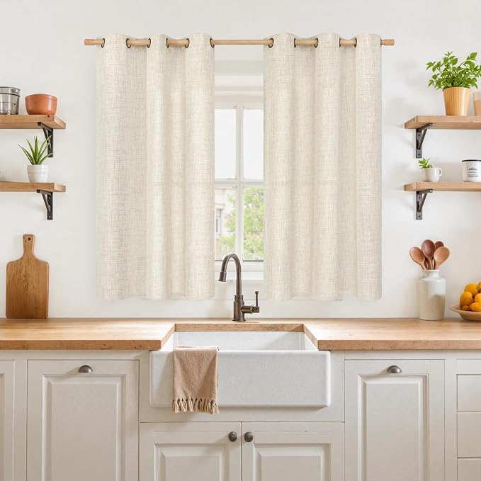 YoungsTex Short Linen Semi Sheer Curtains 45 Inch Length 2 Panels, Light - Image 2
