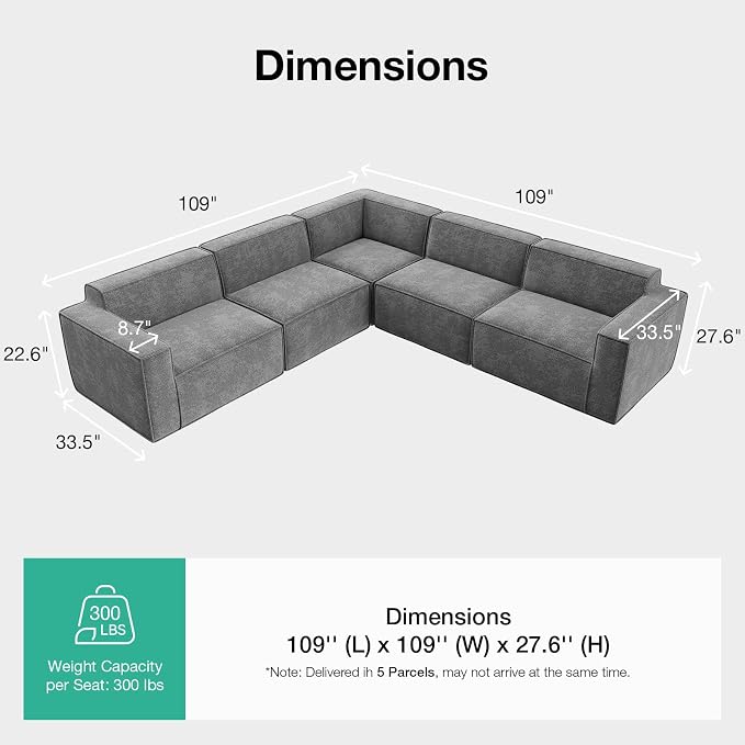 Novilla 109" Modular Sectional Sofa, No Assembly Cloud Sectional Couch - Image 2