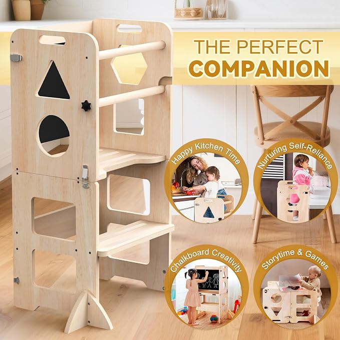 Woodure 3-in-1 Toddler Kitchen Step Stool, Foldable Learning Standing Tower - Image 6