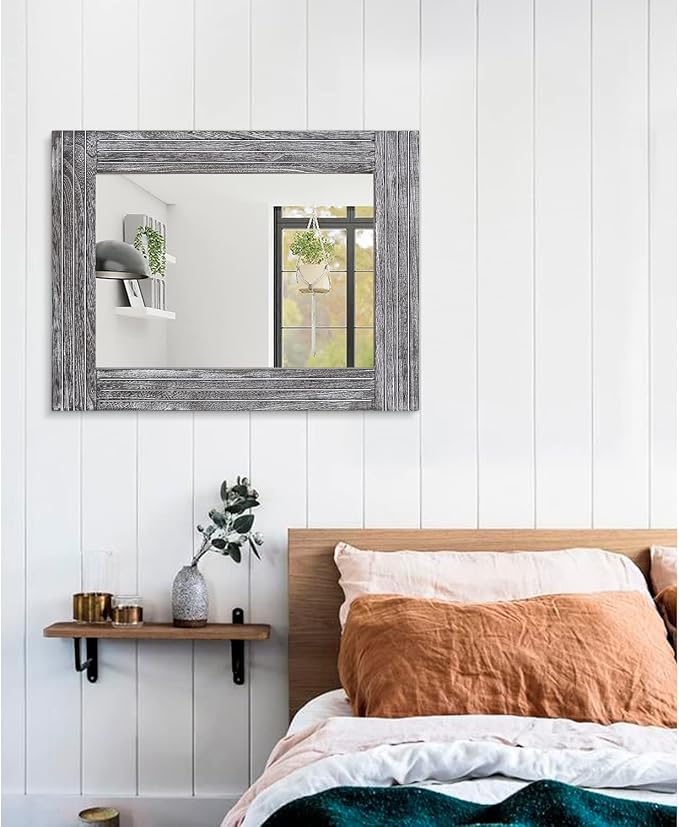 Wall Mirror Rustic Wooden Frame Rectangle Mirror Vintage Hanging Mirror - Image 5