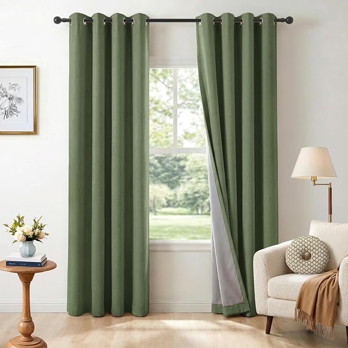 100% Blackout Linen Textured Curtains 72 Inch Long, Olive Green | 100% Blackout by 100BlackoutShield