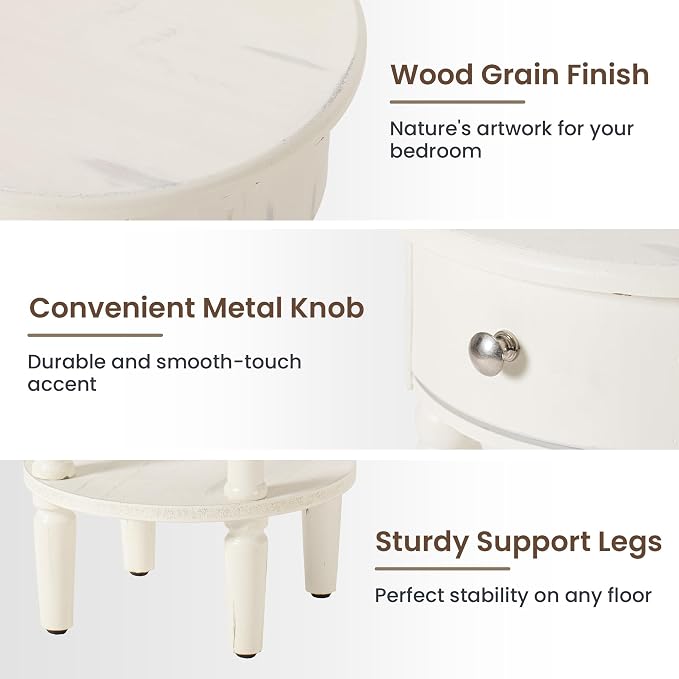 HOMPUS Round End Table with Drawer, Tall end Table with Open Shelf, Farmhouse - Image 6
