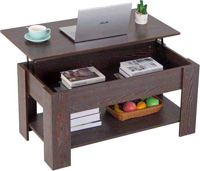 FDW Lift Top Coffee Table with Hidden Compartment and Storage Shelf Wooden Lift by FDW