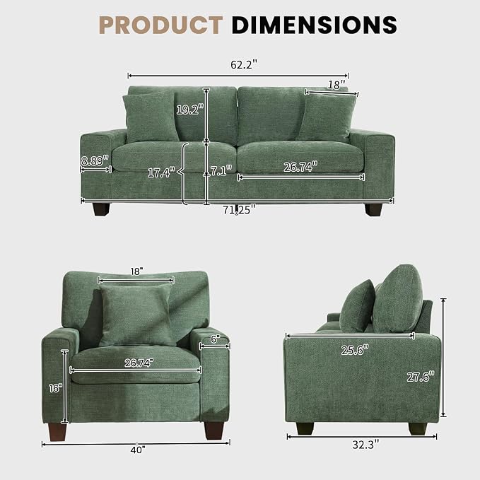 DOPEDIO Modern Living Room Sofa Set, 71.25" Chenille Loveseat - Image 2