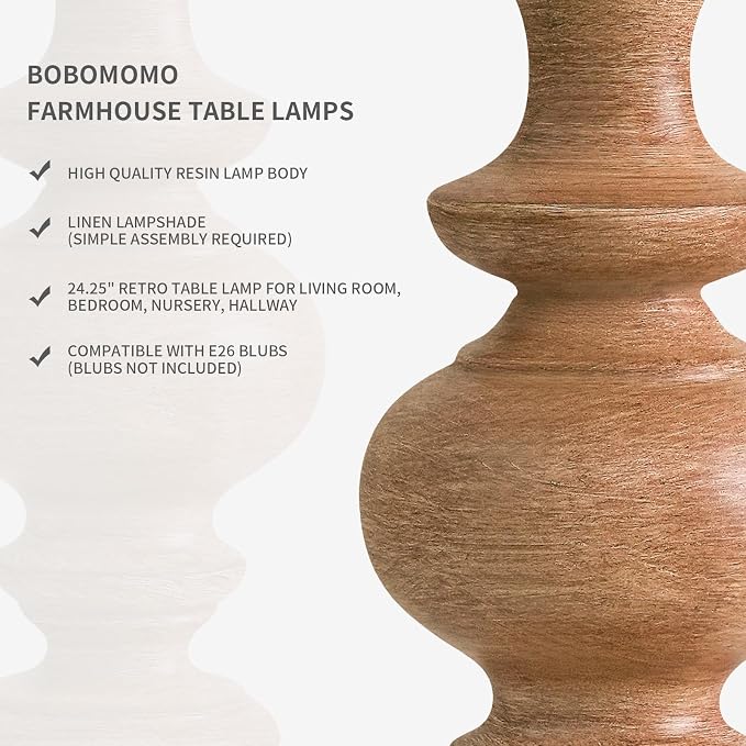 BOBOMOMO 24" Farmhouse Table Lamps Set of 2 – Rustic Light Brown Resin Bedside - Image 2
