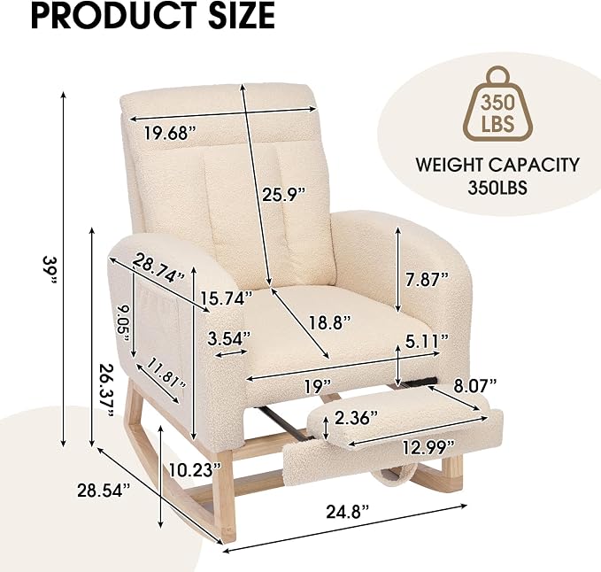 NIOIIKIT Modern Nursery Rocking Chair, Teddy Upholstered Rocking Chair - Image 2