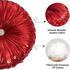 HIG Set of 2 Red Metallic Leather Decorative Round Pleated Throw Pillows | - Image 3