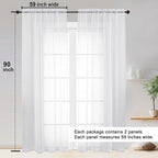White Sheer Curtain 90 Inches Long 2 Panels Set, Solid Filmy Drapes - Image 2