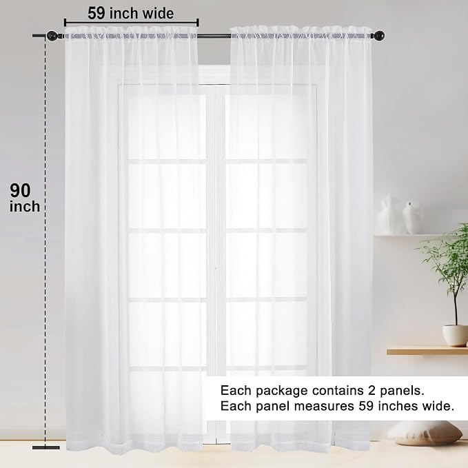White Sheer Curtain 90 Inches Long 2 Panels Set, Solid Filmy Drapes - Image 2