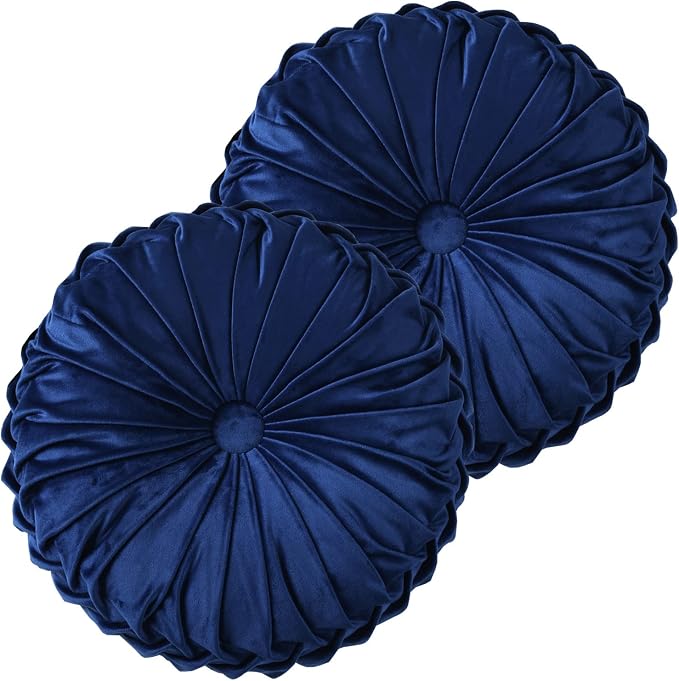 HIG Set of 2 Navy Velvet Decorative Round Pleated Throw Pillows | Vintage Floor by HIG