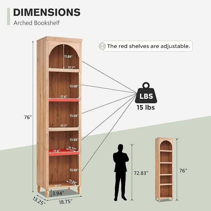 IFGET 76" Tall Arched Bookcase, Farmhouse 5 Tiers Narrow Arched Bookshelf - Image 2