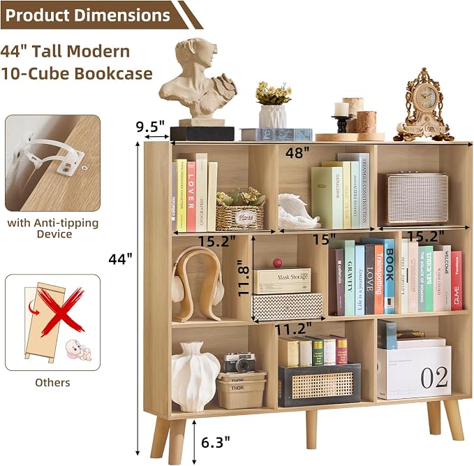 LEYAOYAO 10 Cube Bookshelf, 3 Tier Modern Wide Bookcase - Image 2