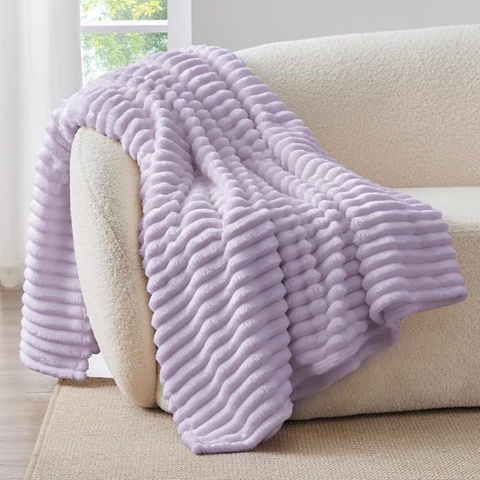 BEDELITE Striped Fleece Throw Blanket, Lavender Fog, Soft Cozy, Lightweight Warm - Image 2