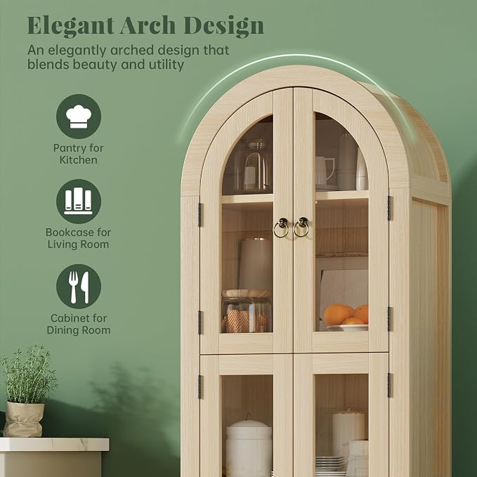 71" Tall Arched Cabinet with Acrylic Door, Modern Curio Arched Bookcase W/Drawer - Image 3