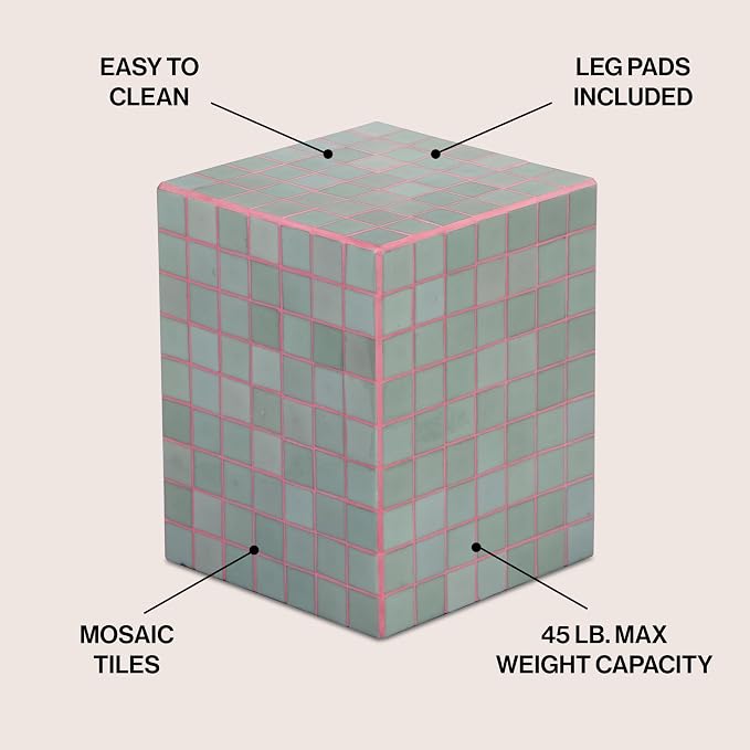 JONATHAN Y Callista 18-Inch Sage Gray/Pink Modern Ceramic Tiled Cube Side Table - Image 3