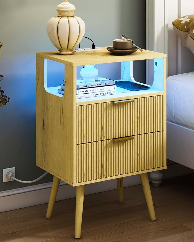 JOONEE Nightstand with Charging Station and LED Lights, Modern Bedside Table by JOONEE