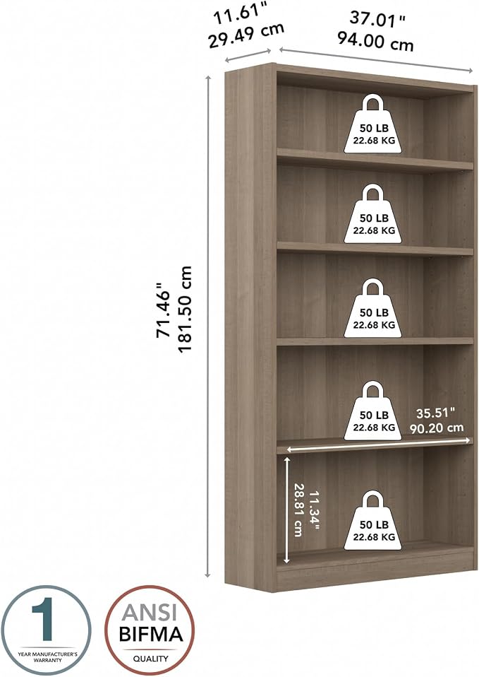 Bush Home Tall 5 Shelf Bookcase, 5 Tier Bookshelf Storage Cabinet - Image 8