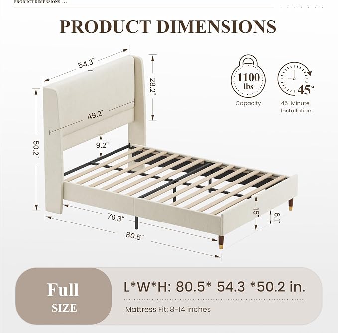 MALOL Full Size Bed Frame with Upholstered Headboard, Linen Fabric Platform Bed - Image 2