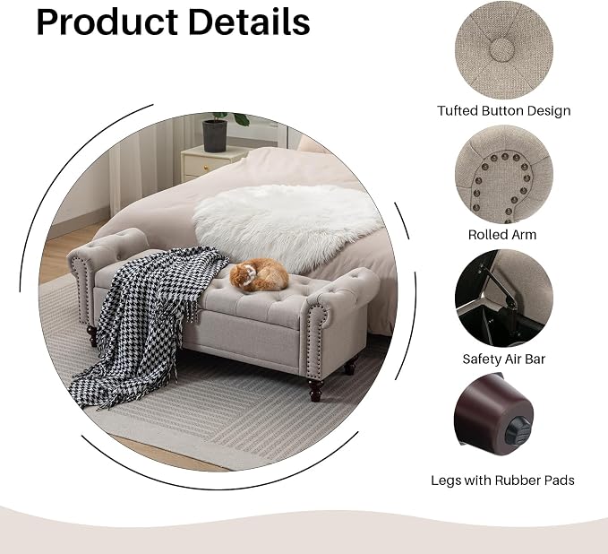 SOFTHION 58.1" Storage Bench Upholstered Linen End of Bedroom Bed Bench Ottoman - Image 4