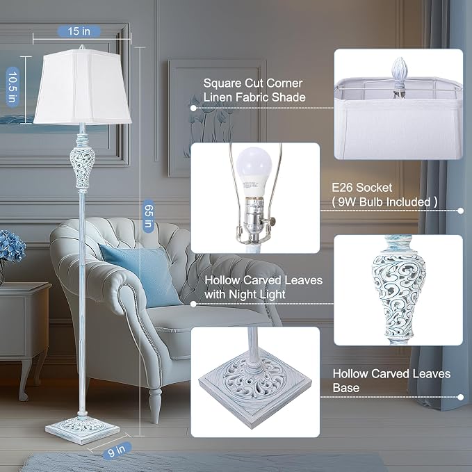 Vintage Floor Lamp with Nightlight, Washed Blue Finish Farmhouse Style Design - Image 2