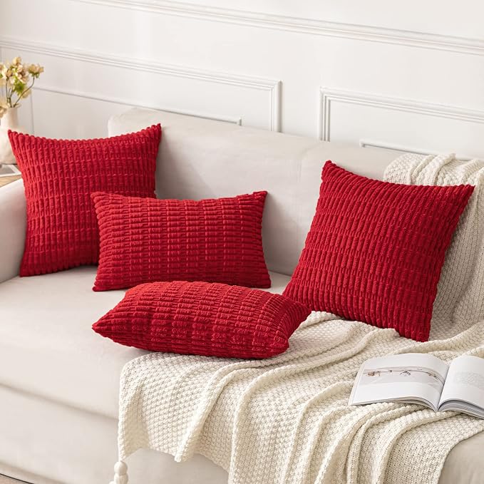 MIULEE Corduroy Decorative Throw Pillow Covers 16x16 Red Pack of 2 | Soft Boho - Image 4