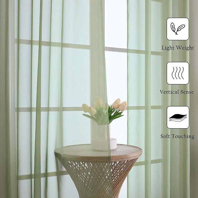 Sage Green Sheer Curtains 90 Inches Long 2 Panels, Light Filtering Airy Voile - Image 6