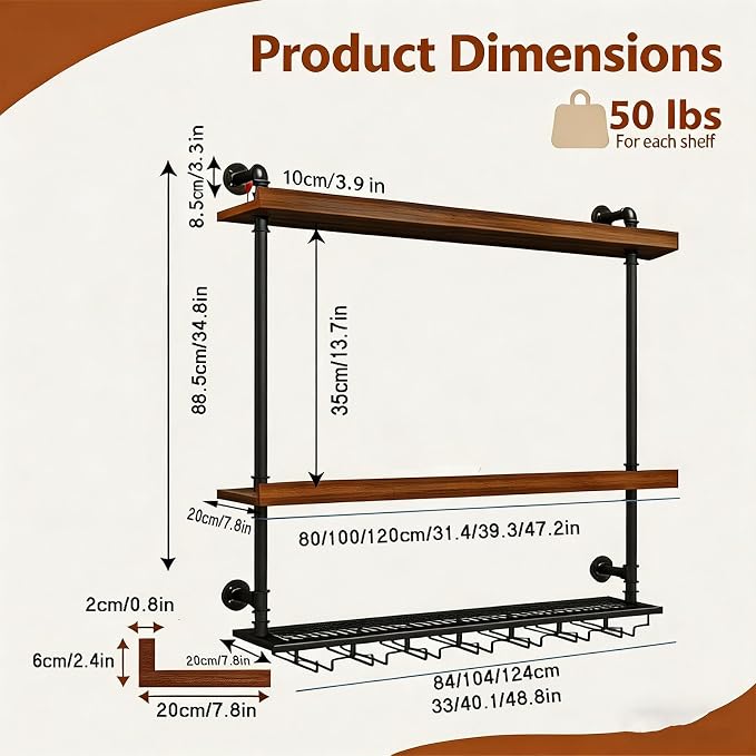 Wall Mounted Wine Rack with LED Lights, 4-Tier Industrial Wood Floating Shelves - Image 2