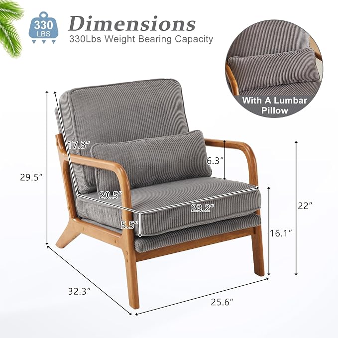 VINGLI Upgraded Premium Corduroy Accent Chair, Upholstered Arm Chair, Solid - Image 2