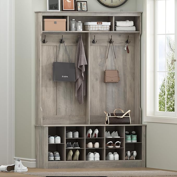Wodeer Hall Tree with Bench and Shoe Storage, 6 Hooks, 12 Shoe Cubbies - Image 7