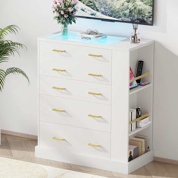 Drawer Dresser with LED Lights and Open Shelves, Modern Tall Chest of Drawers by DesignedforYourHome