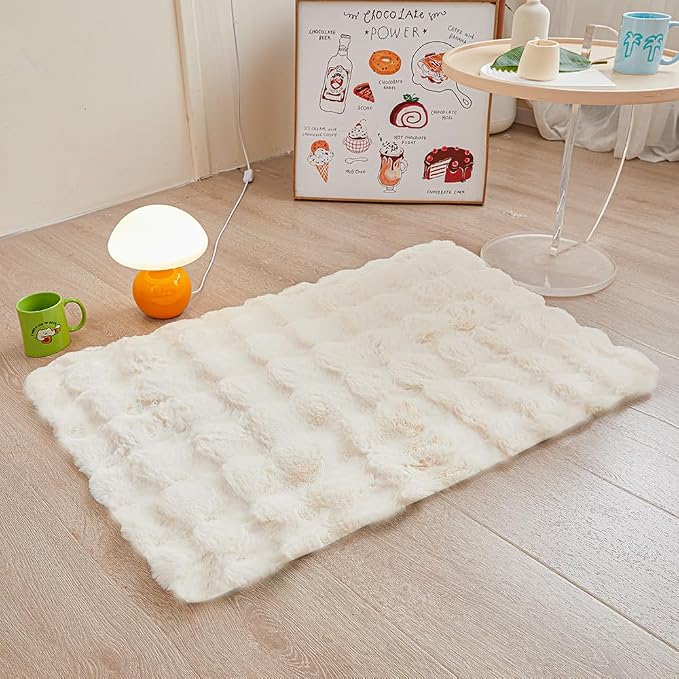 Creamy White Rabbit Plush Rug 2'x3', Fluffy Faux Fur Shaggy Area Rug - Image 4
