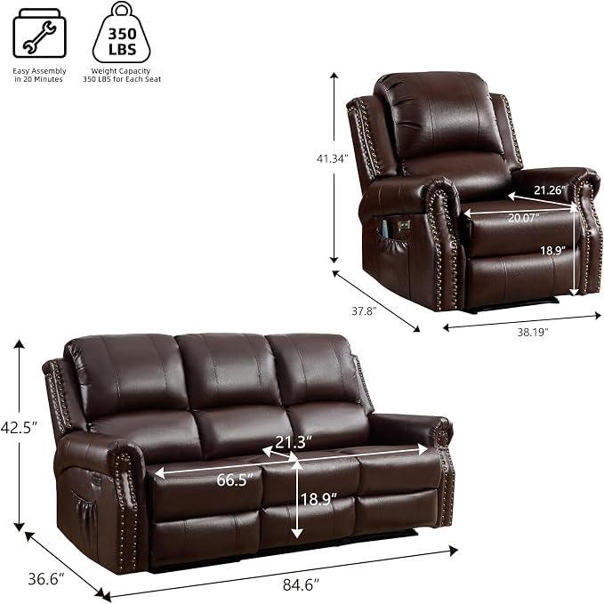 EBELLO Faux Leather Power Living Room Furniture Set, Included 2 Reclining 1 - Image 2