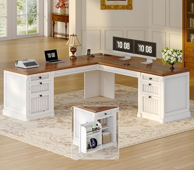 SEDETA L Shaped Desk with 4 Drawers, Corner Computer Desk with Power Strip by SEDETA