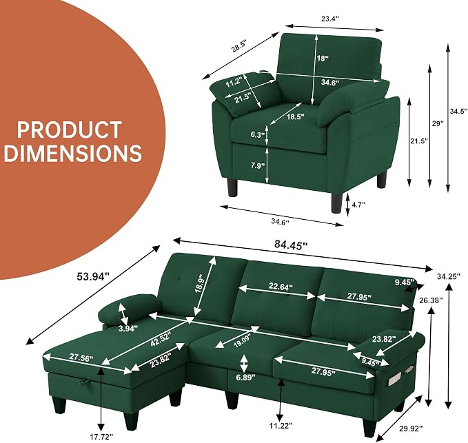 2 Piece Sectional Sofa Set, 3 Seat L Shaped Couches - Image 2