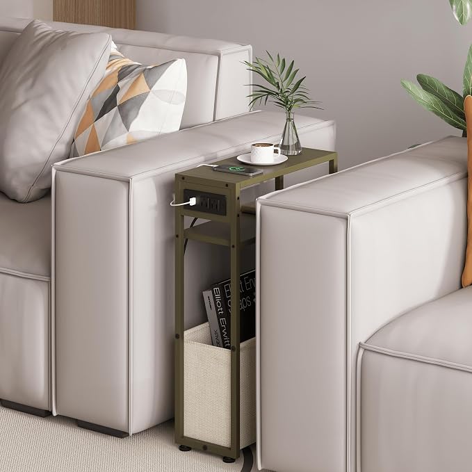 Leomonio Green Side Table with Charging Station, Slim End Tables with Linen - Image 4