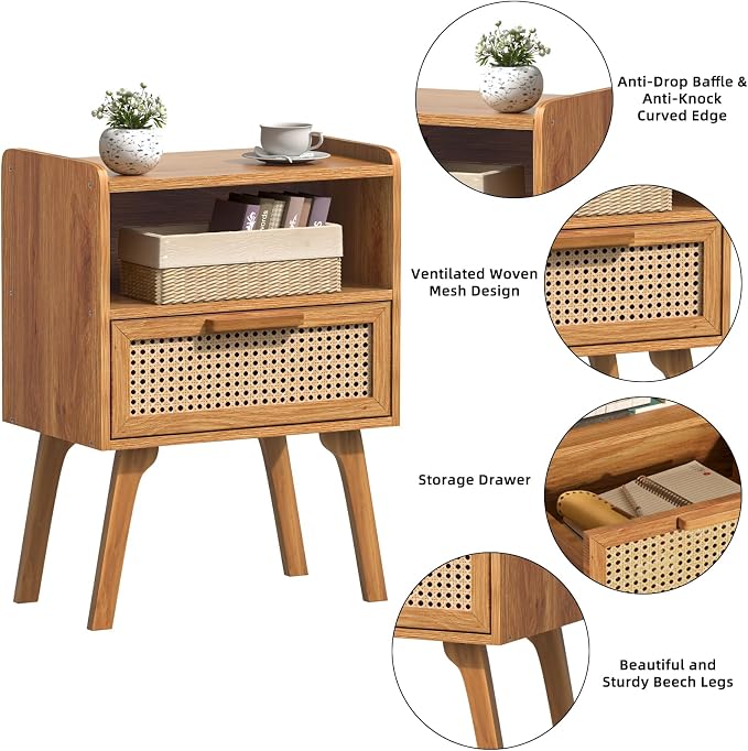 Lerliuo Rattan Nightstands Set of 2, Side Table - Image 7
