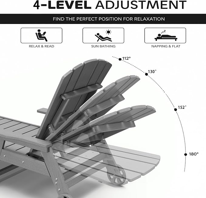 Outdoor Lounge Chair, HDPE 4-Position Adjustable Chaise Lounge Outdoor - Image 5