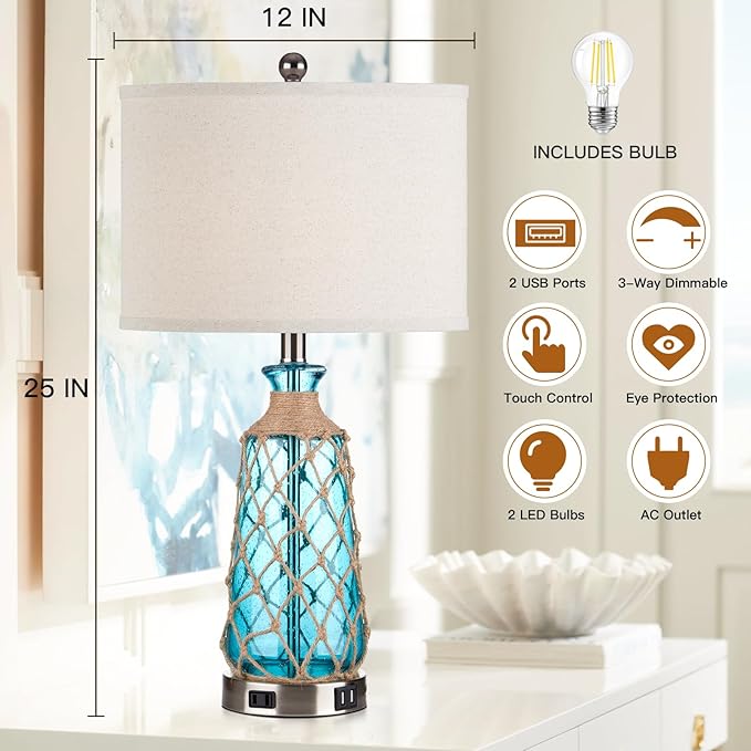 Ruzectt Coastal Glass Table Lamps, 3-Way Dimmable Touch Control Bedside Lamps - Image 4
