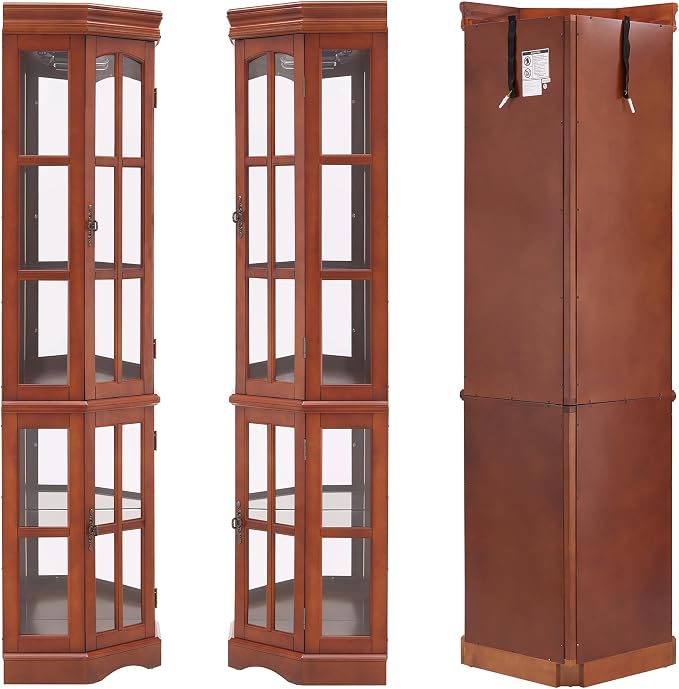 Corner Curio Cabinet with Lighting System, Adjustable Tempered Glass Shelves - Image 4