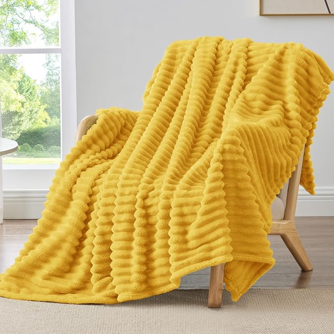BEDELITE Striped Fleece Throw Blanket, Light Yellow, Soft Cozy, Lightweight Warm by BEDELITE