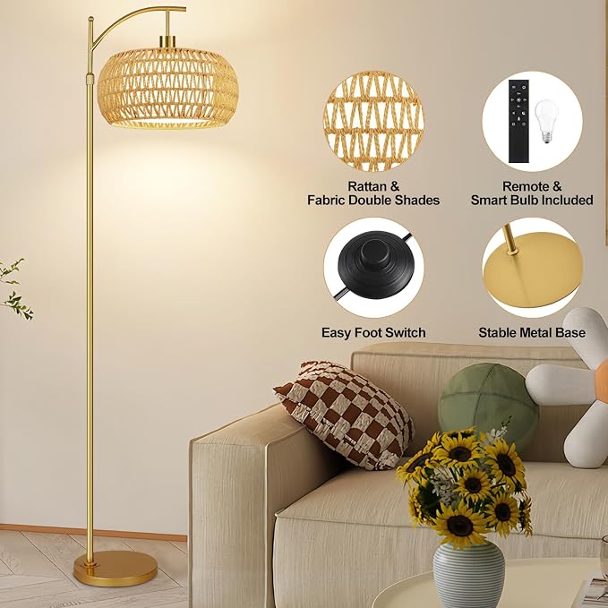 ZECOXOL Gold Floor Lamps for Living Room Rattan Boho Floor Lamp - Image 5