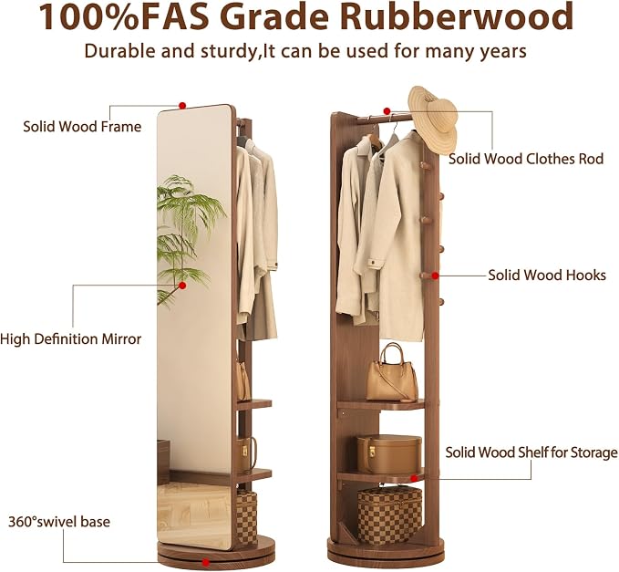 WoodsWhisper Full Length Mirror Coat Rack Solid Wood Floor Mirror 70"x16" Full - Image 3