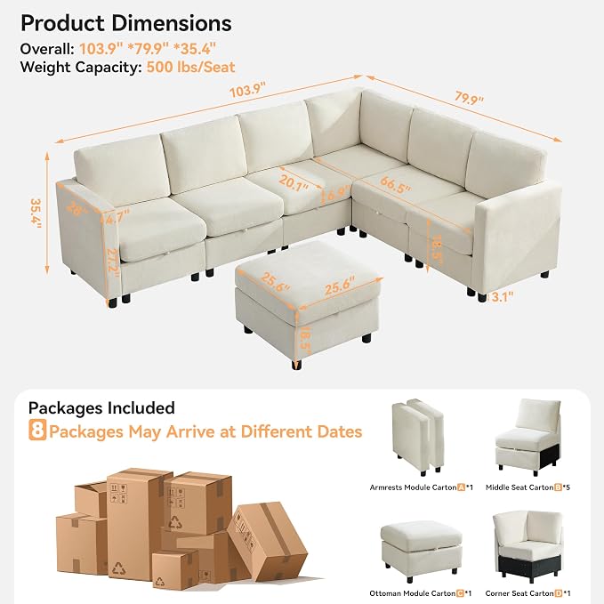 104'' V Shaped Modular Sofa, Sectional Couch - Image 2