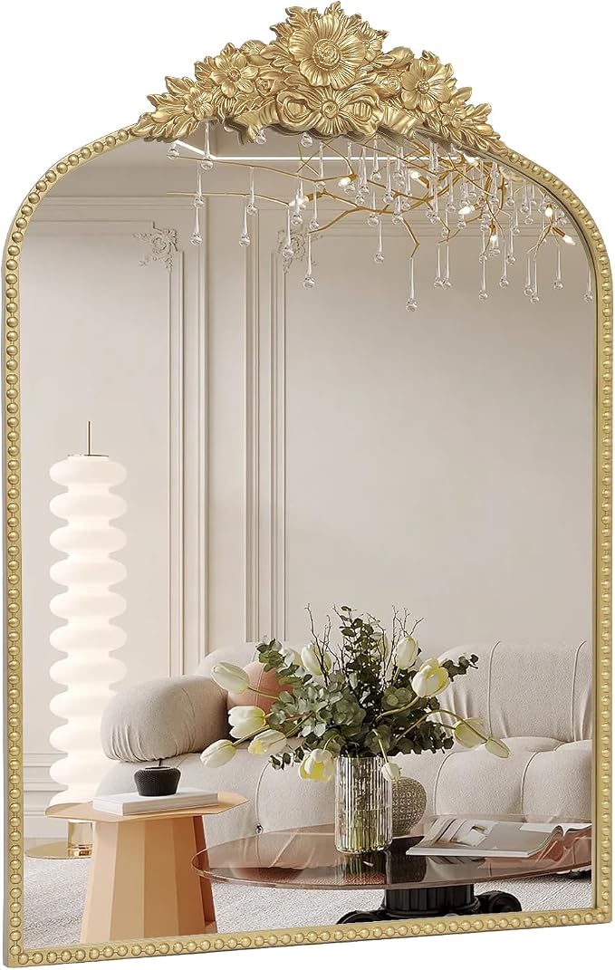 Arch Antique Gold Mirror, 24x36inch Baroque Style Vintage Metal Frame Wall by IPOUF