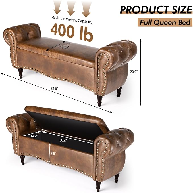 ZZW Storage Ottoman Bench, Tufted Bed Benches - Image 3