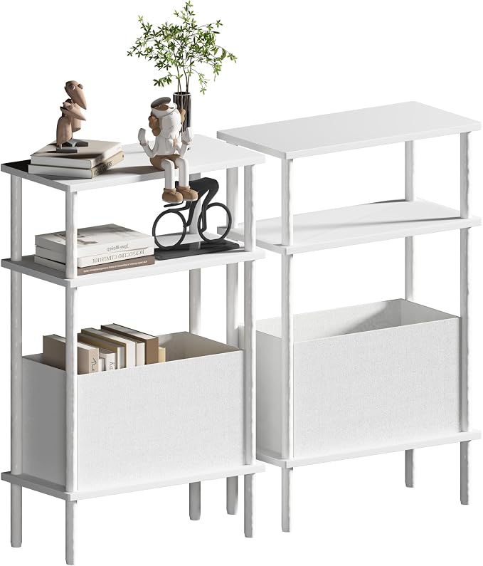 Narrow Side Table with Fabric Basket, Slim Nightstand with 3-Tier Storage Shelf by Unknown