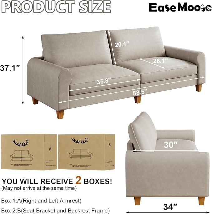 EASE MOOSE 88.5" Large Seat Faux Leather Loveseat Sofa, Waterproof and - Image 2