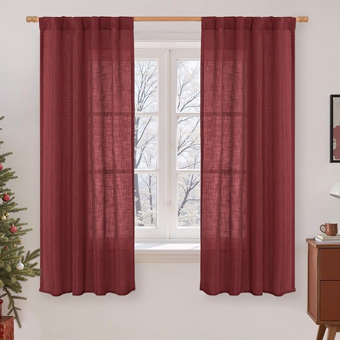 Burgundy Red Semi Sheer Window Linen Curtains 63 Inch Length | Light Filtering by LAMIT