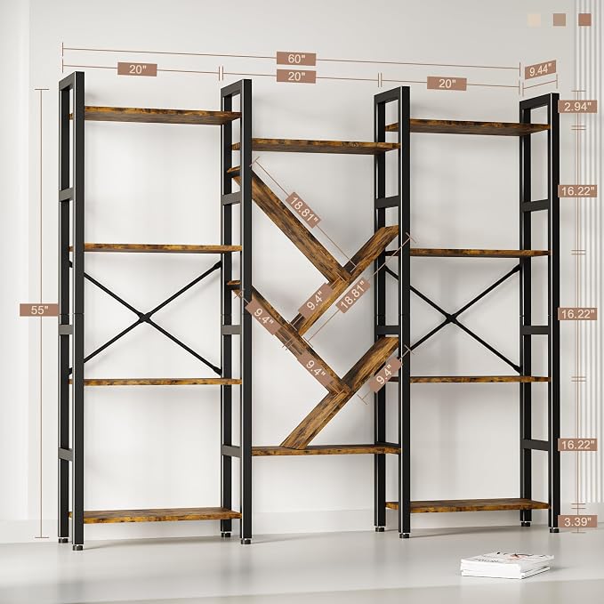 INNOD Triple 4 Tier Book Shelf, Large Industrial Bookcase - Image 2